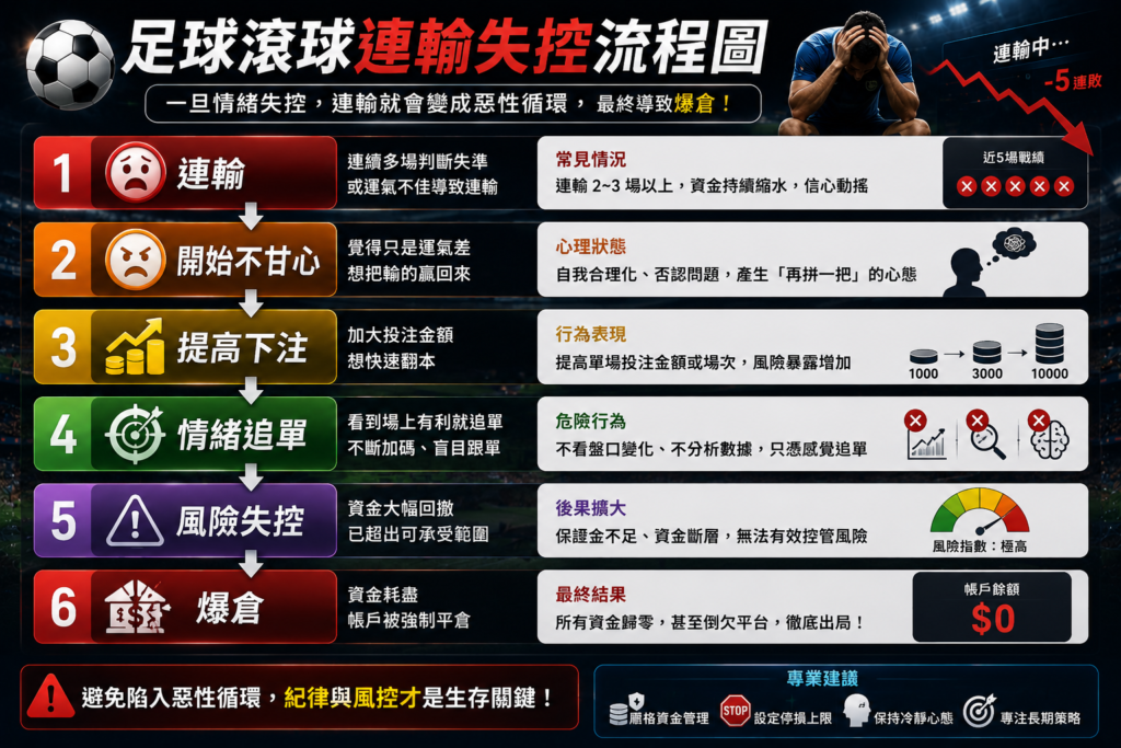 足球滾球連輸與情緒失控爆倉流程分析圖，內容展示玩家從連續輸球開始，產生不甘心情緒後提高下注金額、進行情緒追單，最終導致風險失控與爆倉的完整流程，搭配足球場景、下跌走勢圖、風險警示與資金管理元素呈現。