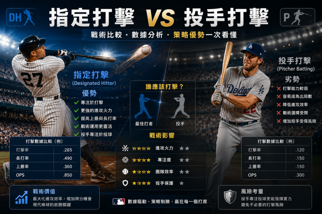 指定打擊(DH)與投手打擊比較示意圖,展示 MLB 棒球戰術中「Designated Hitter」制度與傳統投手打擊差異,包括強力打者全壘打畫面、投手尷尬持棒打擊情境、打擊率與 OPS 數據比較、進攻效率分析與戰術價值對比,搭配現代棒球數據介面與專業運動媒體風格,適合作為棒球 DH 規則、MLB 戰術解析、指定打擊制度與投手打擊比較文章封面圖。