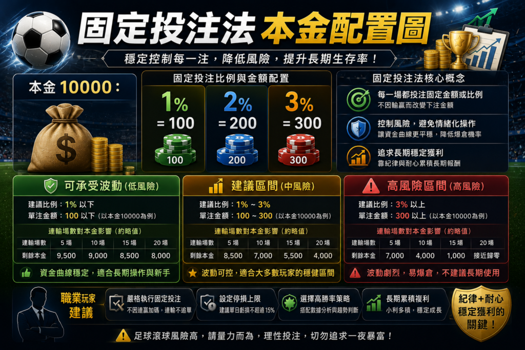 足球滾球固定投注法本金配置圖，展示本金10000在1%、2%、3%固定下注比例下的金額配置，並分析可承受波動、建議投注區間與高風險區間的資金控管策略。