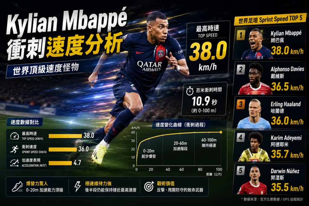 Kylian Mbappé 高速衝刺瞬間示意圖，展示姆巴佩全速奔跑動作與 Sprint Speed 數據分析，解析世界頂級足球員的衝刺速度、最高時速與爆發力表現。