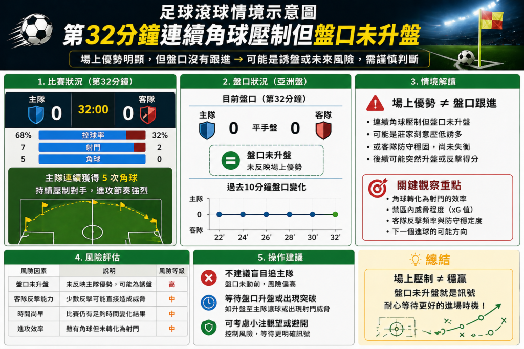 足球滾球第32分鐘連續角球壓制但盤口未升盤示意圖，攻勢優勢與盤口未反應情境分析，進場風險與判斷策略圖