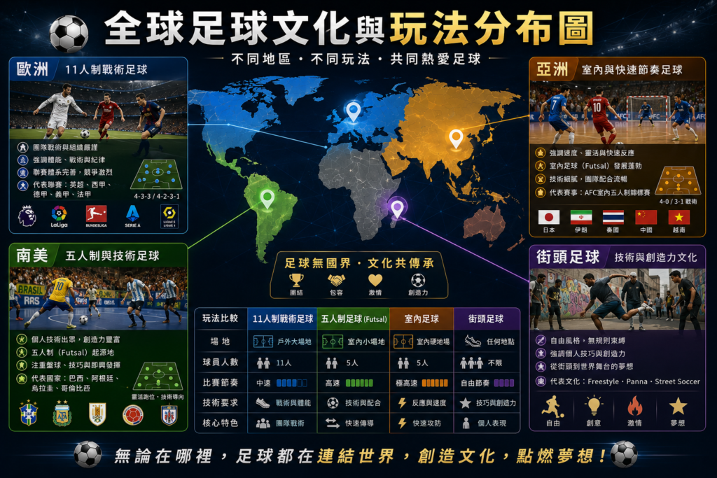 全球足球文化與不同足球玩法分析圖，內容呈現歐洲11人制戰術足球、南美五人制與技術足球、亞洲室內與快速節奏足球，以及街頭足球強調技術與創造力文化等不同地區的足球風格差異，搭配世界地圖、足球場景、街頭足球元素與全球足球文化分析圖表。