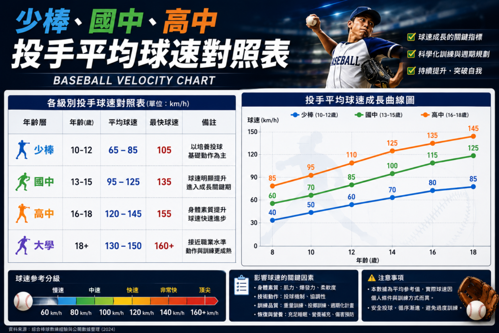 少棒、國中、高中投手平均球速對照表資訊圖,整理不同年齡層棒球投手的平均球速、最快球速與成長曲線,解析青少年 Baseball Velocity 發展與球速提升差異。