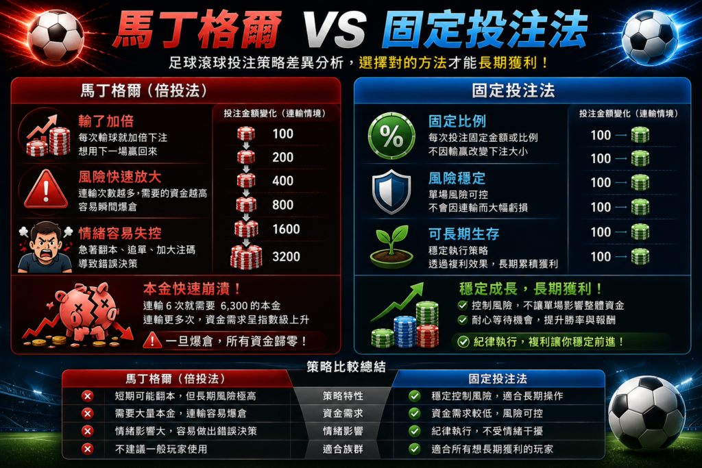 足球滾球馬丁格爾 vs 固定投注法差異圖，對比輸了加倍的馬丁格爾倍投策略與固定比例投注法，解析風險放大、情緒失控與長期穩定生存的資金控管差異分析。