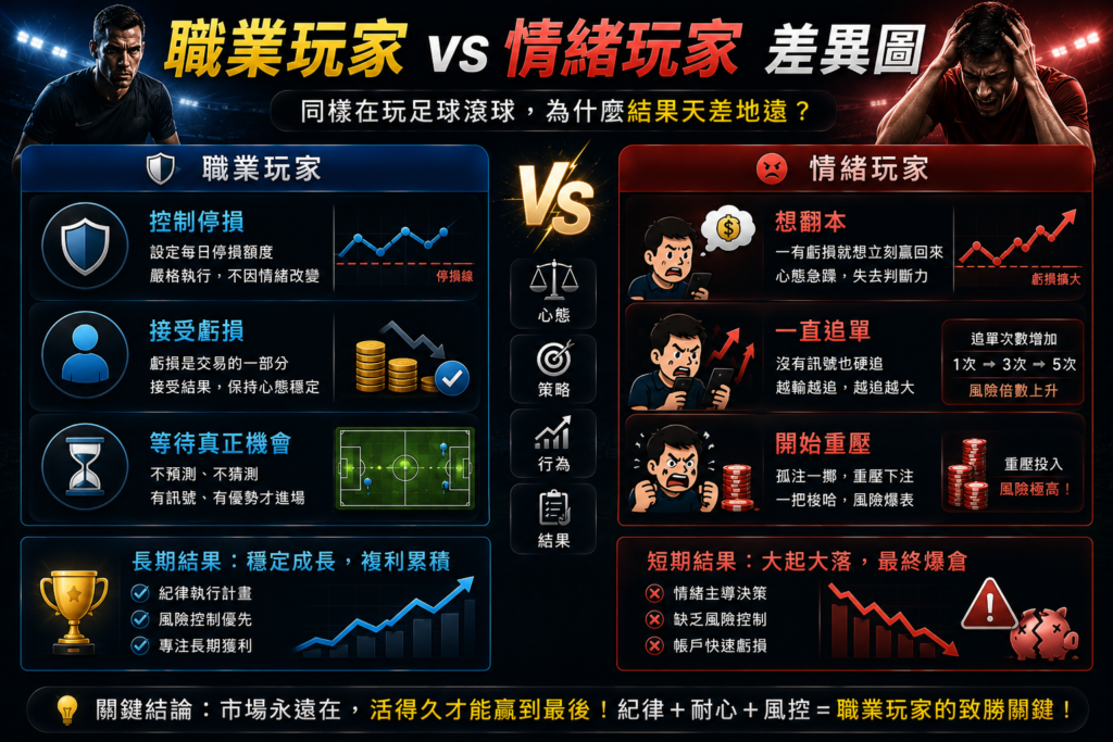 足球滾球職業玩家 vs 情緒玩家差異圖，對比情緒玩家想翻本、追單與重壓下注的高風險行為，以及職業玩家控制停損、接受虧損與等待真正進場機會的穩健投注策略分析。