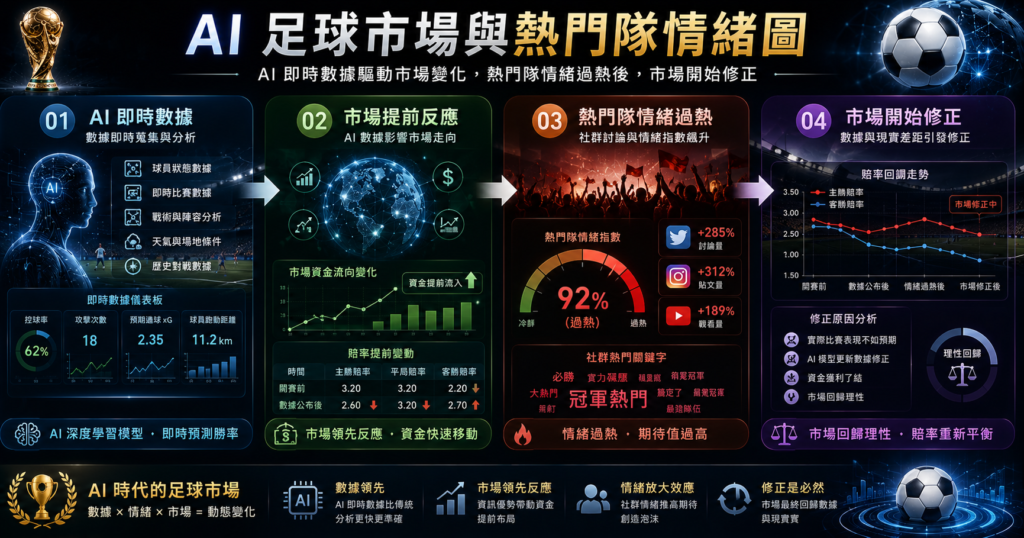 世界盃足球賽 AI 市場提前反應與熱門隊情緒分析圖，內容展示AI即時數據進入足球市場後，市場提前對比賽資訊作出反應，帶動熱門球隊情緒過熱，最終引發盤口與賠率重新修正的完整演化流程，搭配AI分析介面、足球場景、情緒指數圖表與市場走勢元素呈現。
