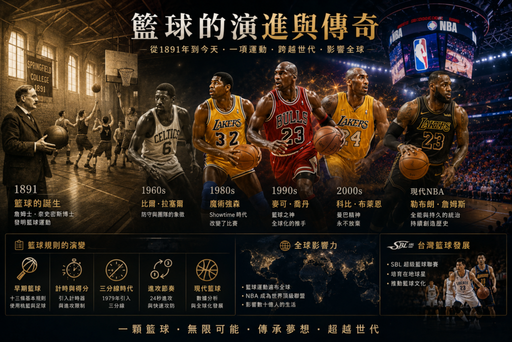 籃球歷史演進與 NBA 傳奇球星示意圖，展示籃球運動從 1891 年 Springfield College 木製球館誕生，到現代 NBA 巨星時代的發展歷程，包括 James Naismith 發明籃球、Bill Russell、Magic Johnson、Michael Jordan、Kobe Bryant 與 LeBron James 等傳奇球星，搭配現代 NBA 球場、熱血觀眾、籃球規則演變與全球化發展，呈現電影級 ESPN 運動紀錄片氛圍與高端體育攝影風格，適合作為籃球歷史、NBA 發展、籃球規則與傳奇球星解析文章封面圖。
