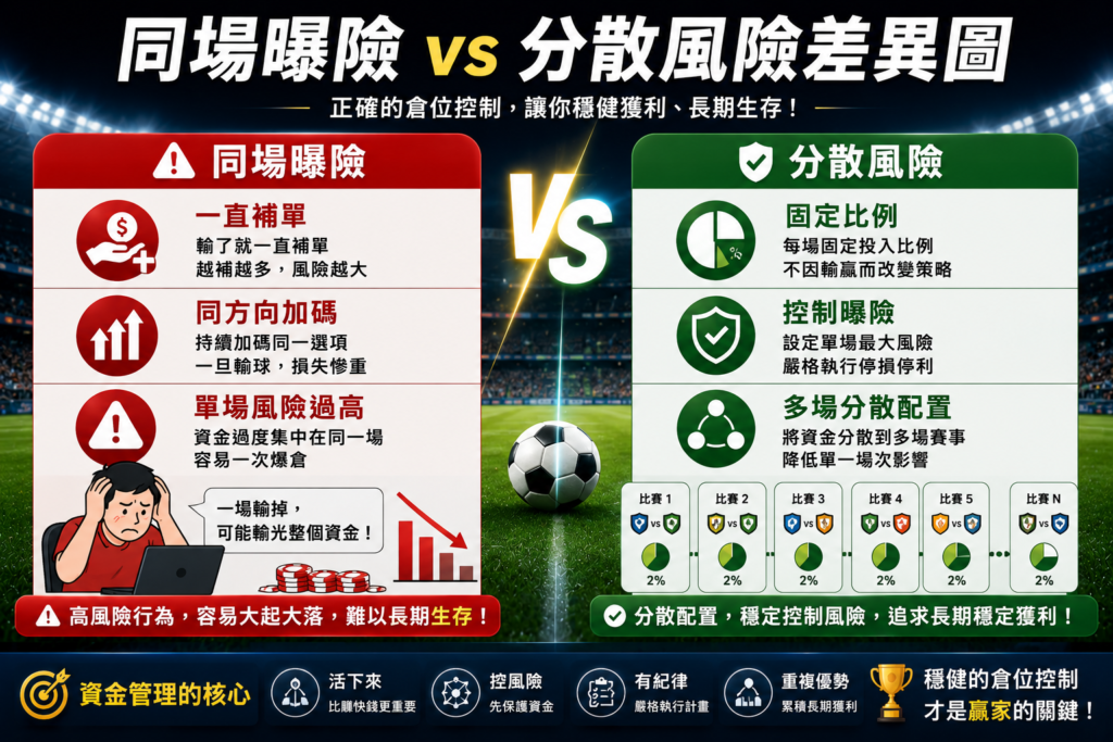 足球滾球同場曝險與分散風險差異分析圖，內容比較同場持續補單、同方向加碼與單場重壓等高風險投注行為，以及固定下注比例、控制單場曝險與多場分散配置的專業資金管理策略，搭配足球場與數據圖表呈現風險控制觀念。