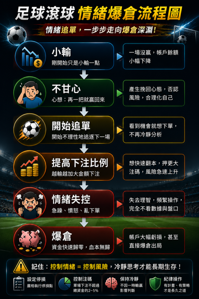 足球滾球情緒爆倉流程圖，展示玩家從小輸後產生不甘心情緒，開始追單並提高下注比例，最終因情緒失控導致爆倉的完整風險循環分析。