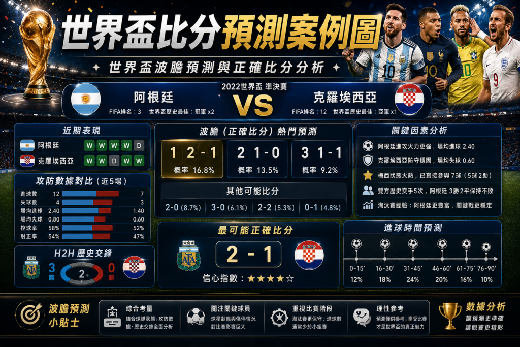 世界盃波膽預測與正確比分分析示意圖，透過球隊實力、FIFA排名、H2H歷史交鋒、近期戰績與進球數據，預測世界盃熱門比分與比賽結果。