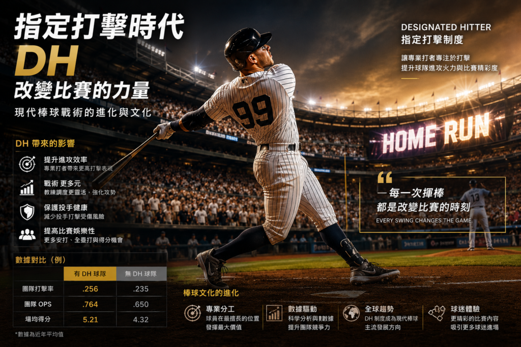 指定打擊(DH)制度示意圖,展示現代 MLB 棒球文化與 DH(Designated Hitter)戰術演變,包括超級打者在滿場觀眾前轟出全壘打、職業棒球進攻火力提升、棒球數據分析與戰術革新,搭配震撼球場燈光、Home Run 畫面與高端運動雜誌風格設計,適合作為棒球 DH 制度、MLB 棒球文化、指定打擊規則與現代棒球進化文章封面圖。