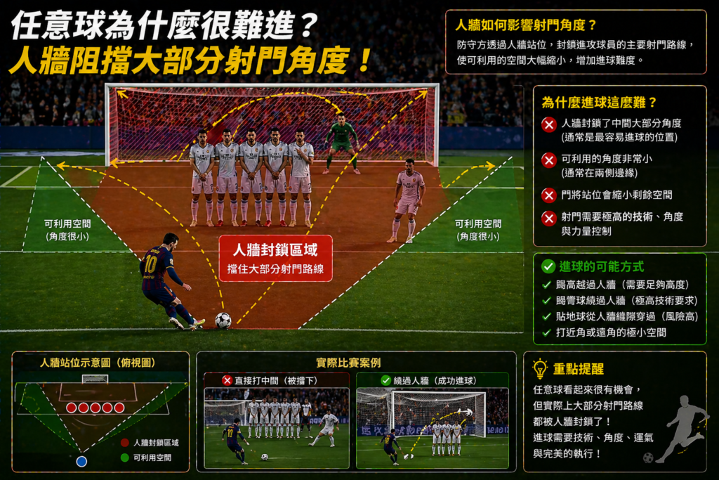 足球任意球人牆防守示意圖,多名防守球員排成人牆封鎖大部分射門路線,門將配合站位縮小角度,顯示任意球進攻空間受限與進球難度提升