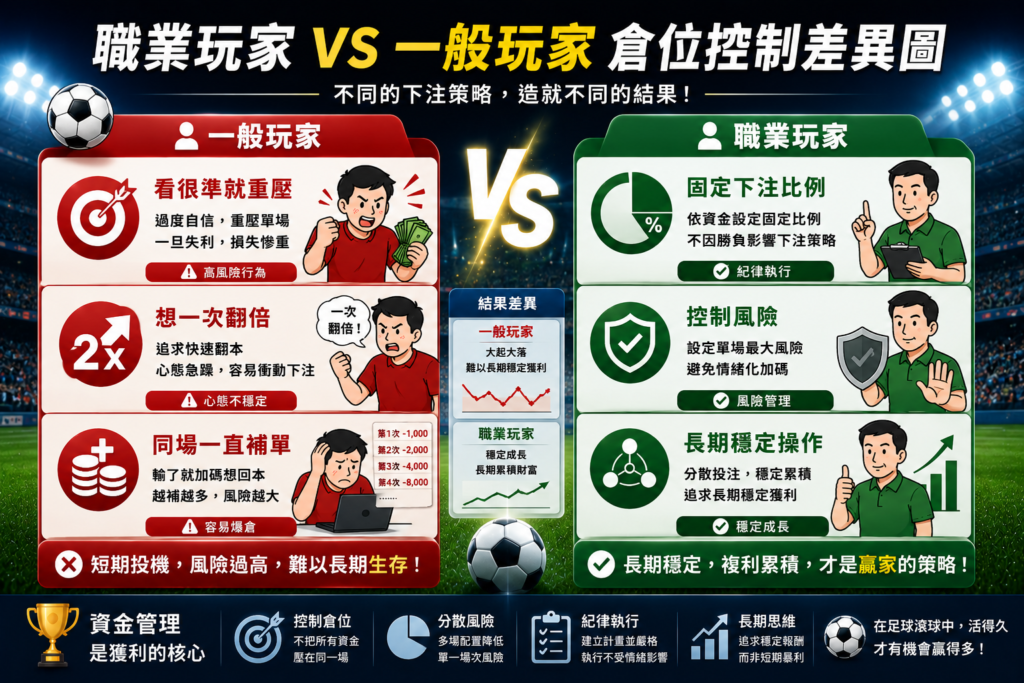 足球滾球職業玩家與一般玩家倉位控制差異分析圖，內容比較一般玩家看準就重壓、想一次翻倍與同場持續補單等高風險操作，以及職業玩家採用固定下注比例、控制單場風險與長期穩定操作的資金管理策略，搭配足球場、數據圖表與風險控制元素呈現。