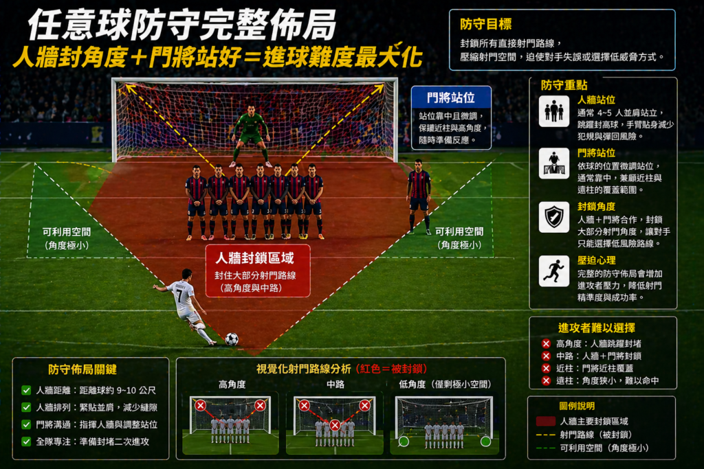 足球任意球防守站位示意圖，人牆封鎖主要射門角度，門將精準站位補足死角，完整限制進攻路線，展現高強度防守下任意球進球難度