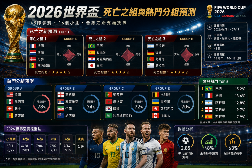 2026 世界盃死亡之組與熱門分組分析示意圖，展示 FIFA World Cup 2026 分組賽預測與死亡之組對戰情境，包括法國、巴西、阿根廷、葡萄牙、英格蘭等熱門國家隊分組資訊、晉級機率與奪冠熱門分析，搭配世界盃賽程、足球數據模型與球星主視覺，適合作為世界盃分組預測、足球預測、運彩分析與世足專題文章封面圖。