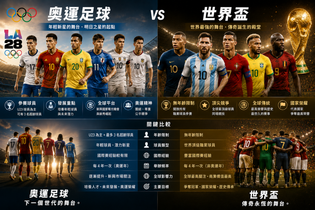奧運足球 vs 世界盃比較示意圖，展示 Olympic Football 與 FIFA World Cup 的差異，包括 U23 年齡限制、職業球星、國際足球文化、全球影響力與比賽定位，畫面以左右分割方式呈現年輕奧運球員與世界級足球巨星對比，搭配世界盃金盃、國家隊球衣、戰術氛圍與電影級運動紀錄片風格，適合作為奧運足球、世界盃比較、國際足球文化與足球賽事解析文章封面圖。