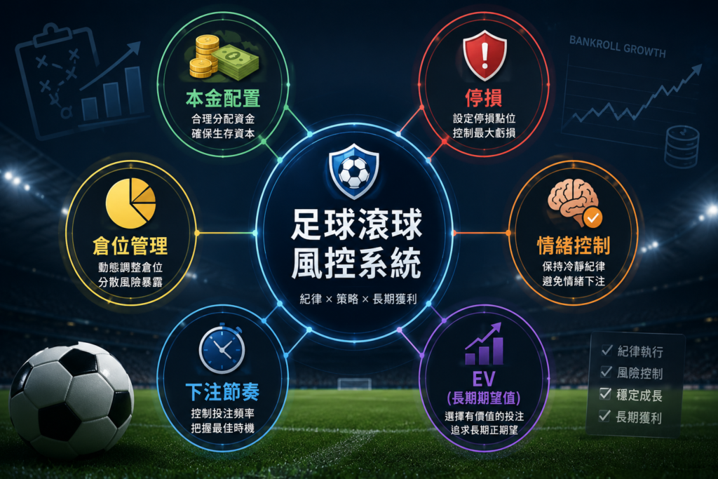 足球滾球資金控管架構圖，以藍綠科技風設計呈現足球滾球風控系統，內容包含本金配置、停損機制、情緒控制、倉位管理、EV 長期期望值與下注節奏等核心風險管理策略。