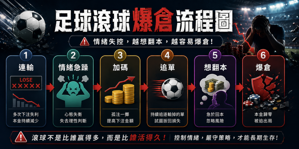 足球滾球爆倉流程圖，展示連輸後因情緒急躁而加碼追單，最終想翻本導致爆倉的完整風險循環