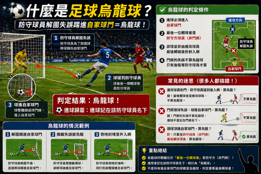 足球烏龍球判定示意圖，防守球員解圍失誤踢進自家球門解析，烏龍球規則、進球歸屬與常見誤判完整教學示意圖