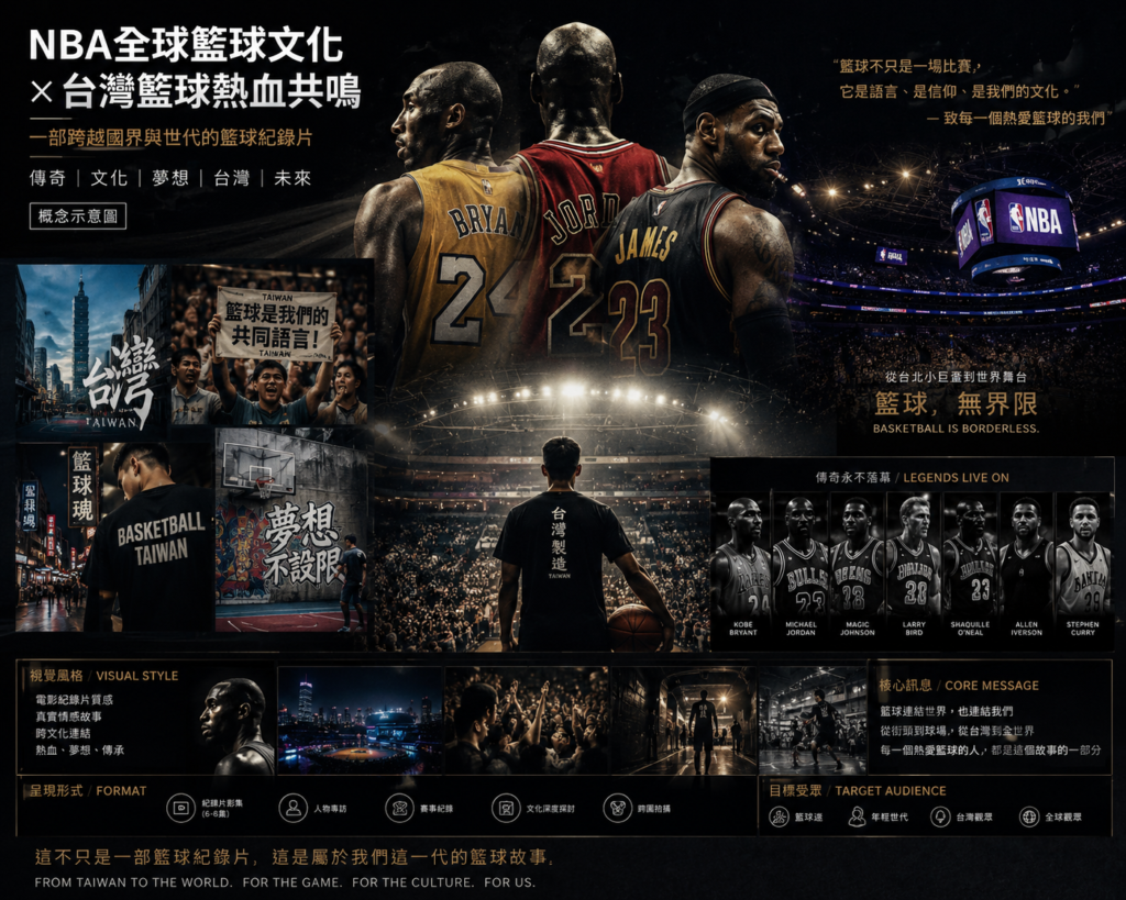 NBA 全球籃球文化與台灣籃球迷融合的電影感海報，現代籃球場燈光、熱血球迷、傳奇球星剪影與紀錄片風格視覺設計，展現台灣街頭籃球與國際籃球氛圍。