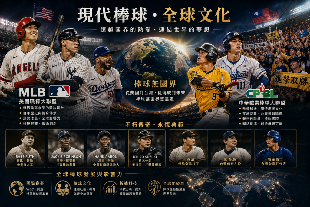 現代棒球全球文化示意圖，展示 MLB 超級球星、中華職棒（CPBL）球員與台灣熱血棒球球迷文化，包括 Yankee Stadium、美國職棒大聯盟、Team Taiwan 應援場景、世界級棒球傳奇球星與全球棒球發展，搭配電影級運動紀錄片氛圍與高端體育雜誌攝影風格，呈現棒球無國界、國際棒球文化與全球化棒球演進，適合作為 MLB、CPBL、棒球文化、WBC 世界棒球經典賽與棒球歷史發展文章封面圖。