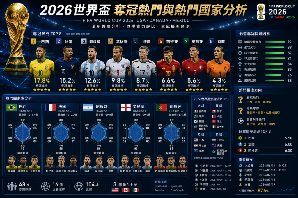 2026 世界盃奪冠熱門與熱門國家分析示意圖，展示 FIFA World Cup 2026 奪冠機率與熱門國家隊實力比較，包括巴西、法國、阿根廷、英格蘭、德國與葡萄牙等強隊分析，搭配球星資料、世界盃抽籤結果、賠率預測、足球數據雷達圖與 AI 勝率分析介面，適合作為世界盃賽程、足球預測、運彩分析與世足專題文章封面圖。