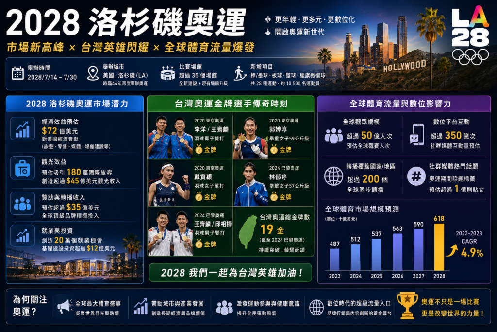 2028 洛杉磯奧運市場與台灣奧運金牌資訊圖，整理 LA28 奧運商業價值、全球體育流量成長與台灣奧運英雄紀錄，解析 Olympic Games 對全球體育市場、數位媒體與觀眾影響力的發展趨勢。