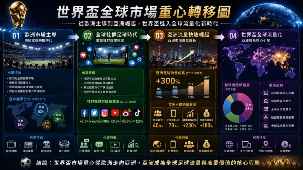 世界盃足球賽亞洲市場與全球足球流量轉移分析圖，內容呈現世界盃市場從歐洲市場主導、進入全球社群足球時代，到亞洲流量快速崛起與最終形成世界盃全球流量化的演化過程，搭配世界地圖、亞洲城市夜景、社群媒體圖示、足球場景與全球市場數據分析元素。