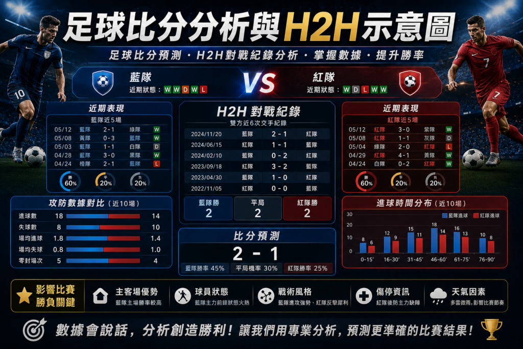 足球比分預測與H2H對戰紀錄分析示意圖，透過歷史交鋒數據、近期戰績、攻防表現、進球分布與勝率模型，解析足球比賽結果與正確比分預測方法。