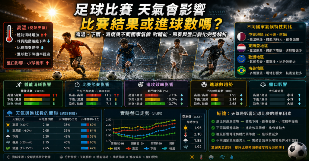 足球比賽天氣對比賽結果與進球數影響分析封面圖,內容解析高溫炎熱、下雨濕滑、高濕悶熱與強風環境如何影響球員體能消耗、比賽節奏、進攻效率與進球數變化,並比較不同國家氣候對足球風格與盤口趨勢的影響,搭配雨戰球場、炎熱天氣、強風場地、數據圖表與即時盤口分析元素,呈現天氣因素與足球市場變化的完整關聯性。