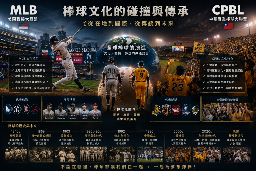 MLB 與中華職棒（CPBL）棒球文化比較示意圖，展示美國職棒大聯盟與台灣職棒球迷文化差異，包括 Yankee Stadium 與台灣職棒主場氛圍、職業棒球超級球星、熱血應援文化、全球棒球演進與國際棒球發展，搭配電影級運動紀錄片風格與高端體育雜誌攝影設計，適合作為 MLB、CPBL、棒球文化比較、全球棒球歷史與台灣棒球發展文章封面圖。