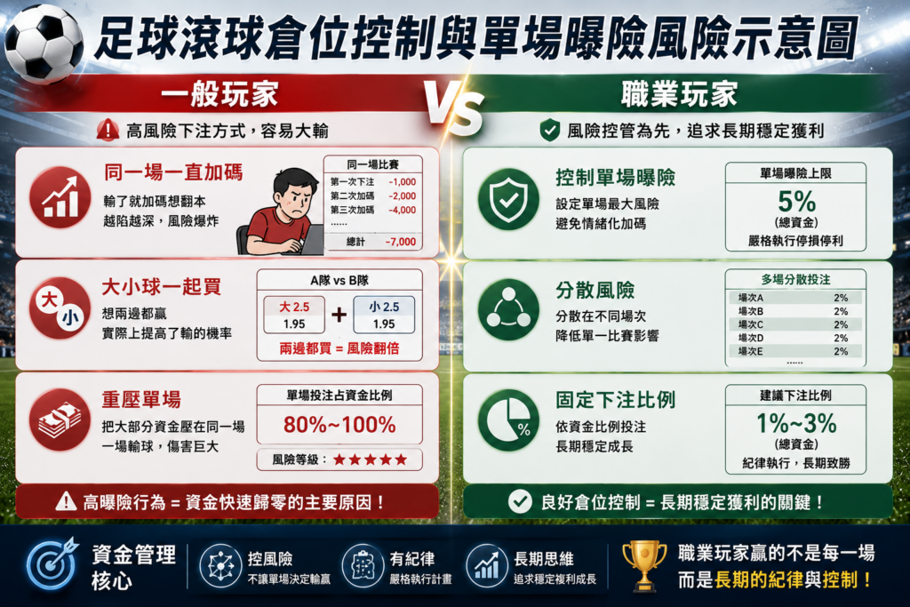 足球滾球倉位控制與單場曝險風險示意圖，內容比較一般玩家與職業玩家的下注方式差異，包括同一場持續加碼、大小球一起買、重壓單場等高風險行為，以及控制單場曝險、分散投資風險與固定下注比例等專業資金管理策略。