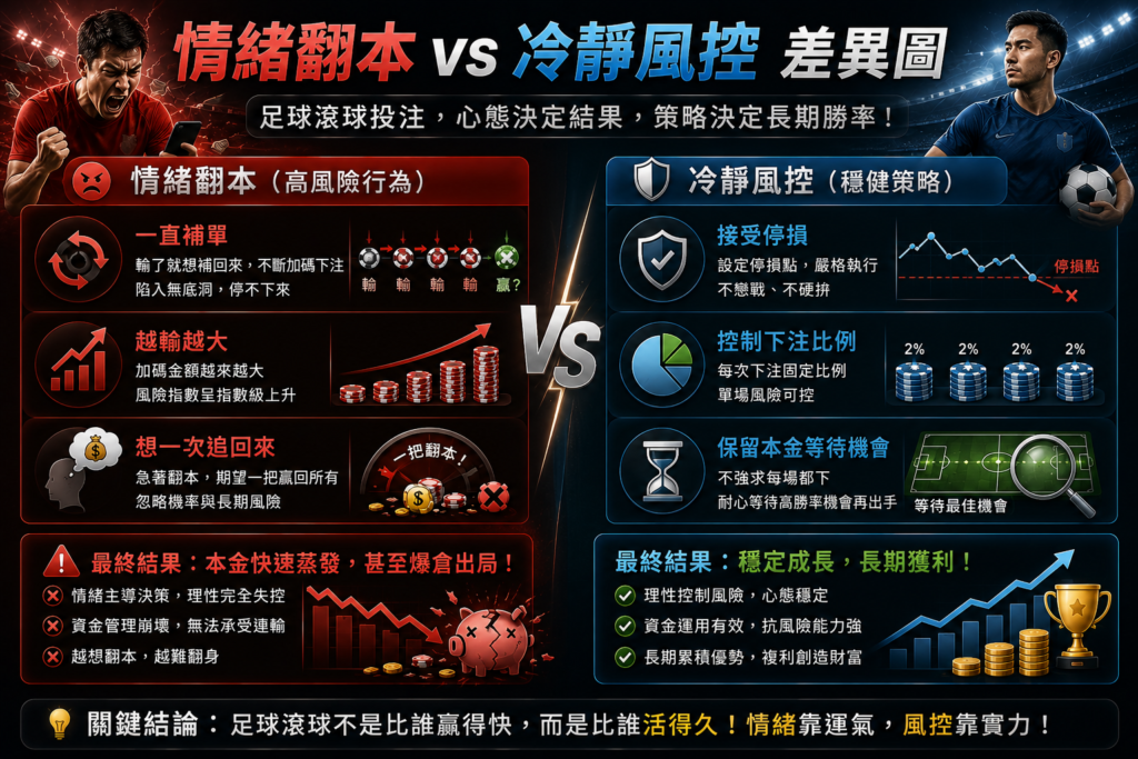 足球滾球情緒翻本 vs 冷靜風控差異圖，對比一直補單、越輸越大與想一次追回來的情緒化翻本行為，以及接受停損、控制下注比例與保留本金等待機會的穩健風控策略分析。