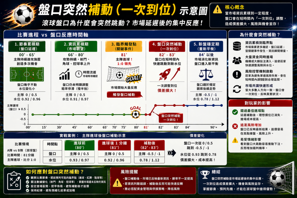 足球滾球盤口突然補動示意圖,賠率一次到位快速調整情境,市場延遲後集中反應與進場時機分析圖