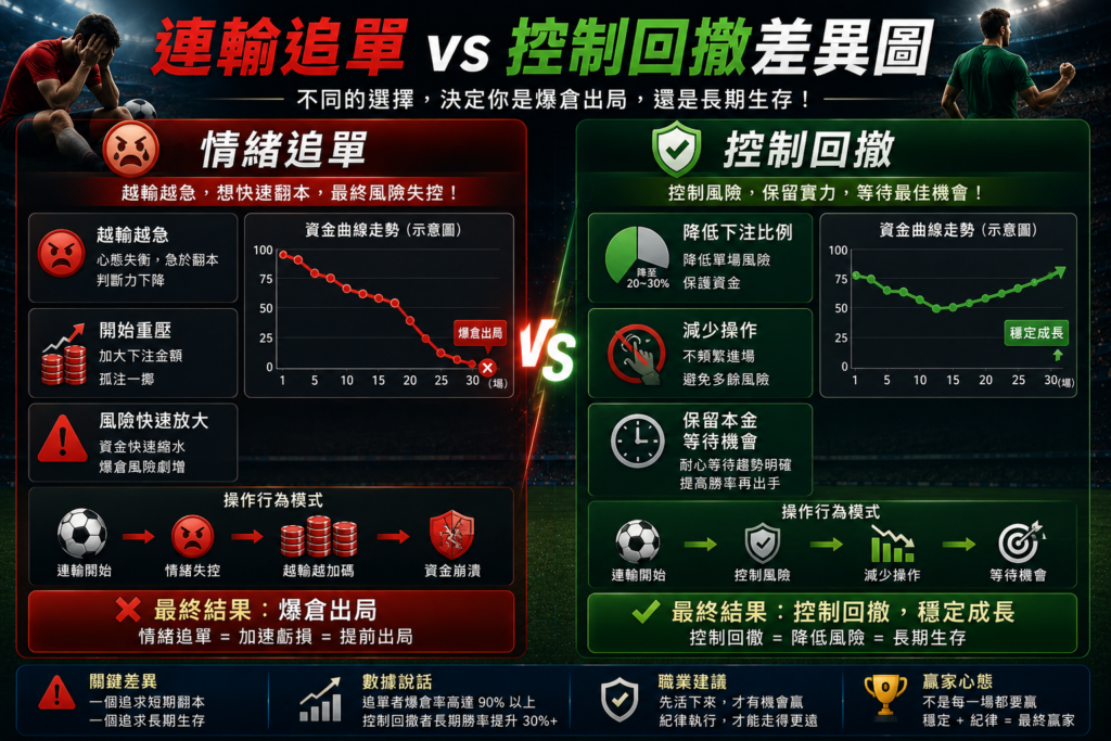 足球滾球連輸追單與控制回撤差異分析圖，內容比較情緒追單時越輸越急、開始重壓與風險快速放大的高風險操作，以及控制回撤時降低下注比例、減少操作並保留本金等待真正機會的專業資金管理策略，搭配足球場景、資金曲線與風險控制圖表呈現。
