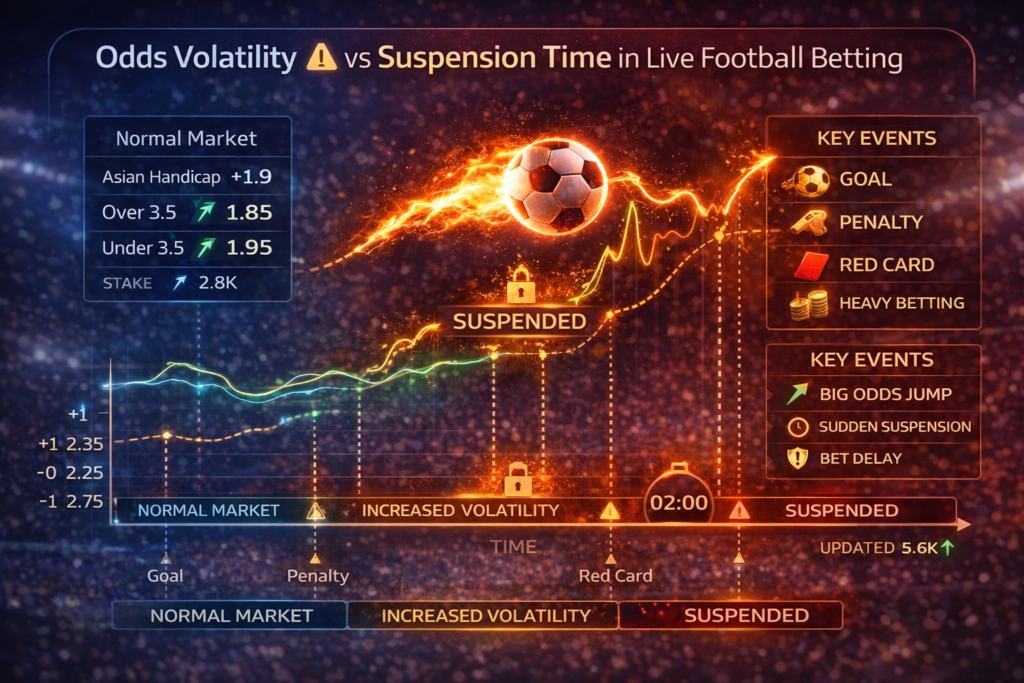 足球滾球盤口跳動與停盤時間關係圖，解析 live betting 中賠率波動速度與封盤機制之間的關聯，呈現盤口在正常狀態、劇烈波動與暫停交易階段的變化邏輯，並說明進球、點球、紅牌與資金大量湧入如何觸發盤口跳動加速與即時停盤，結合數據曲線與時間軸展示 sportsbook 風控與盤口調整機制