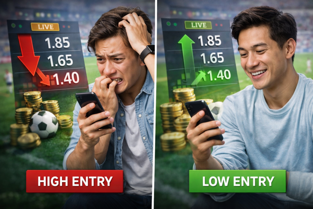 足球滾球高點進場與低點進場差異示意圖，對比追高下注與理性進場策略，呈現賠率下降與上升帶來的投注價值與進場時機差異