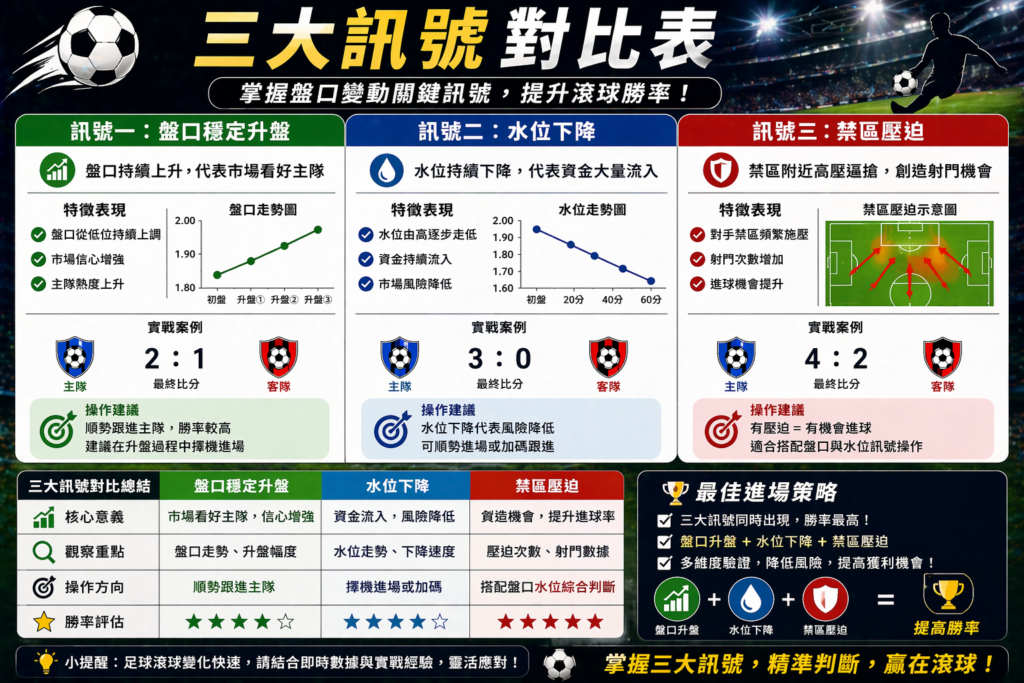 足球滾球三大訊號對比示意圖，盤口變動、水位下降與禁區壓迫分析，最佳進場時機與策略判斷圖