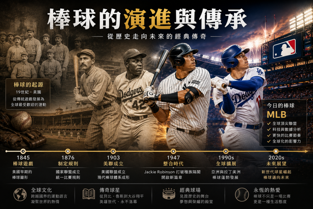棒球歷史演進與 MLB 現代文化示意圖，展示棒球從 19 世紀早期發展到現代職業棒球的演化，包括復古棒球員、經典 MLB 球場、Jackie Robinson 等傳奇球星，以及現代超級球星全壘打瞬間，搭配電影級運動紀錄片氛圍與高端體育雜誌攝影風格，呈現棒球規則、文化傳承、全球化發展與棒球精神，適合作為棒球歷史、MLB 發展、棒球文化與傳奇球星解析文章封面圖。