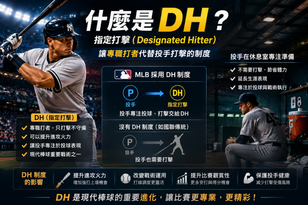 棒球 DH(指定打擊)制度示意圖,展示 MLB 指定打擊(Designated Hitter)規則與現代棒球戰術,包括職業打者準備揮棒、投手在休息區專注準備、DH 取代投手打擊的概念,以及 MLB 採用 DH 制度對進攻火力、戰術運用與投手保護的影響,搭配深色科技感棒球場氛圍與專業運動分析風格,適合作為棒球 DH 規則、指定打擊教學、MLB 戰術解析與新手棒球入門文章封面圖。