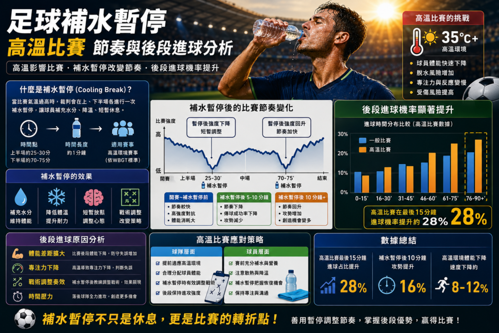 足球補水暫停、高溫比賽節奏與後段進球分析資訊圖，解析 Cooling Break 對足球比賽節奏、球員體能與最後15分鐘進球率的影響，展示高溫環境下的 Dangerous Attacks、補水策略與後段進攻數據變化。