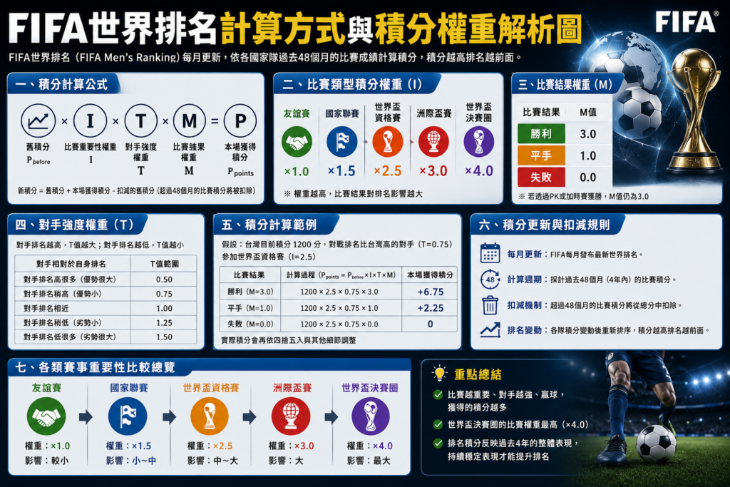 FIFA世界排名計算公式與積分權重解析圖，詳細說明Elo評分制度、不同賽事權重、比賽結果積分變化，以及世界盃資格賽、洲際盃與世界盃決賽圈對排名的影響。