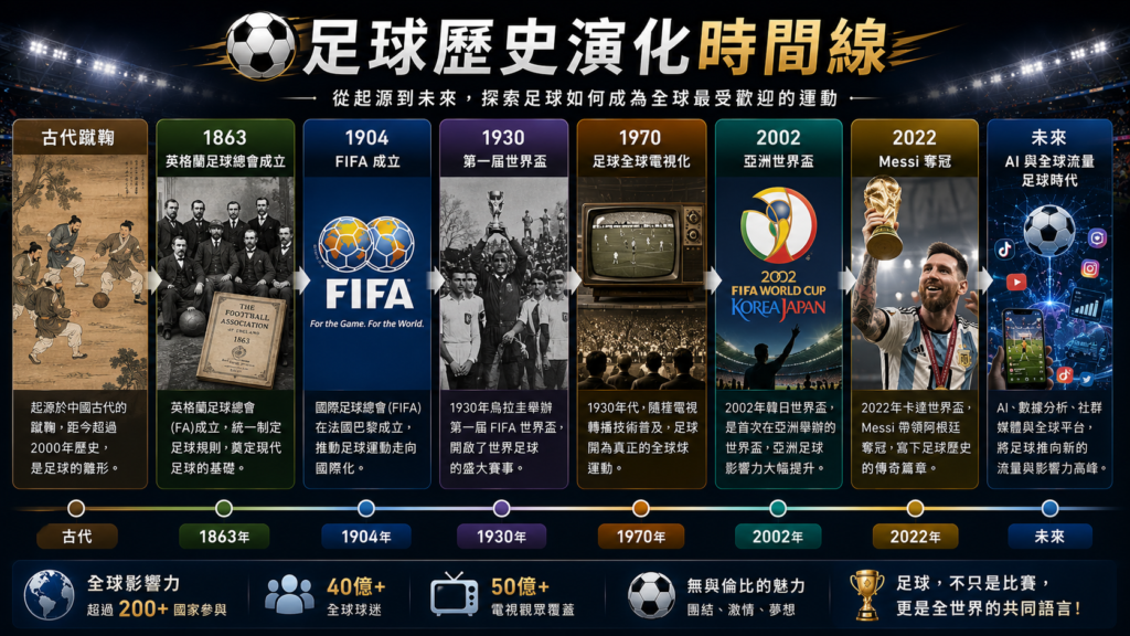 足球起源與 FIFA 世界盃歷史演化時間線，內容呈現古代蹴鞠、1863英格蘭足球總會成立、1904 FIFA成立、1930第一屆世界盃、1970足球全球電視化、2002亞洲世界盃、2022 Messi奪冠，以及AI與全球流量足球時代的完整演化過程，搭配世界盃獎盃、歷史場景、足球明星、世界地圖與數位流量元素。