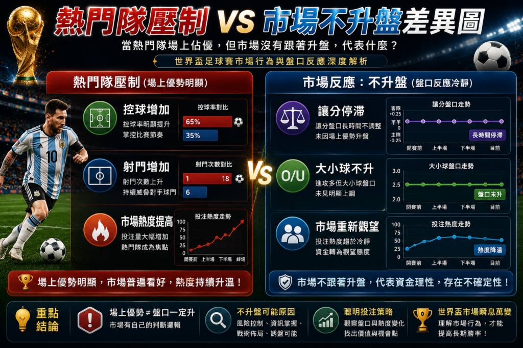 世界盃熱門隊壓制與市場不升盤差異分析圖，內容比較熱門球隊在比賽中控球率提升、射門次數增加與市場熱度升高的場面優勢，以及市場端出現讓分停滯、大小球不升與資金重新觀望的盤口反應，搭配足球比賽畫面、盤口走勢圖與數據分析元素呈現。