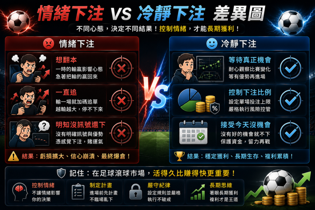 足球滾球情緒下注 vs 冷靜下注差異圖，對比想翻本、追單與無訊號硬下的情緒化投注，以及等待真正機會、控制下注比例與接受空手觀望的冷靜投注策略分析。