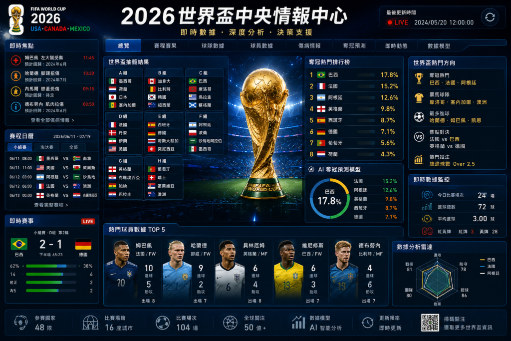2026 世界盃中央情報中心與足球數據平台示意圖，展示 FIFA World Cup 即時足球分析系統，包括世界盃抽籤結果、熱門球員數據、傷病情報、奪冠熱門排行、熱門投注方向、即時比分與 AI 足球預測模型，搭配世界盃獎盃、數據儀表板與現代化足球分析介面，適合作為世界盃賽程、足球預測、運彩分析與世足專題文章封面圖。