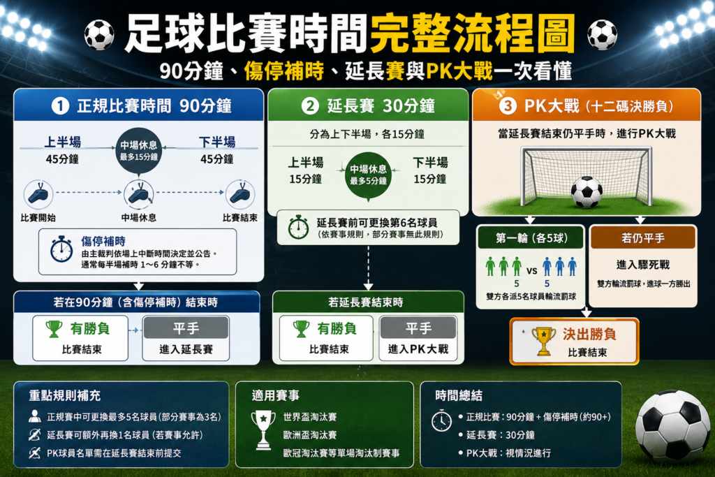 足球比賽時間完整流程圖，說明90分鐘正規時間、傷停補時、30分鐘延長賽與PK大戰規則，完整解析世界盃淘汰賽勝負判定流程。