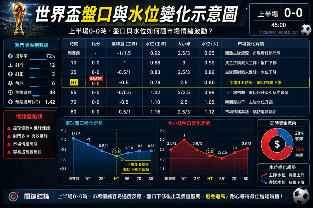 世界盃滾球盤口與水位變化圖，0比0上半場賠率波動、資金流向與讓分大小球走勢分析示意圖