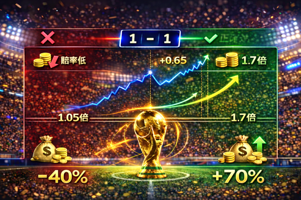 世界盃滾球進場時機比較圖,足球比賽高點進場與最佳進場差異,體育賽事策略分析圖