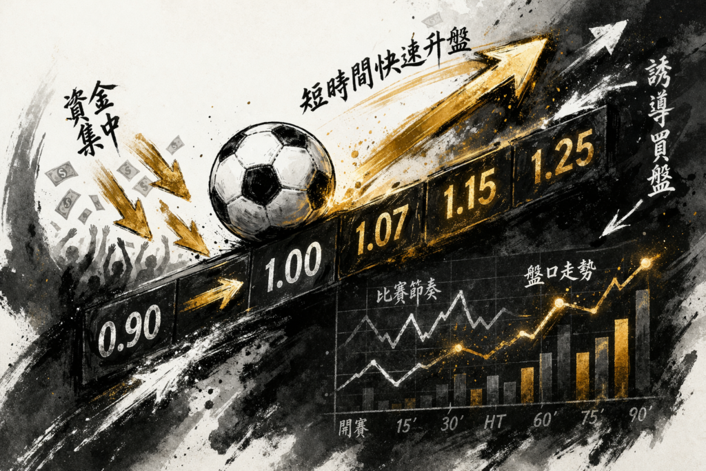 滾球盤口短時間升盤變化示意圖（資金集中與誘導分析）